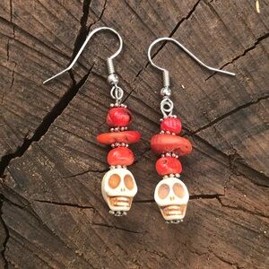 Skull and Bead Dangle Earrings - Red and Cream